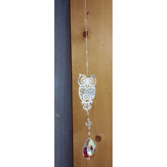Silver Owl Iridescent Crystal Prism Sun Catcher Window Hanging 16 1/2" Gift New - Picture 3 of 6